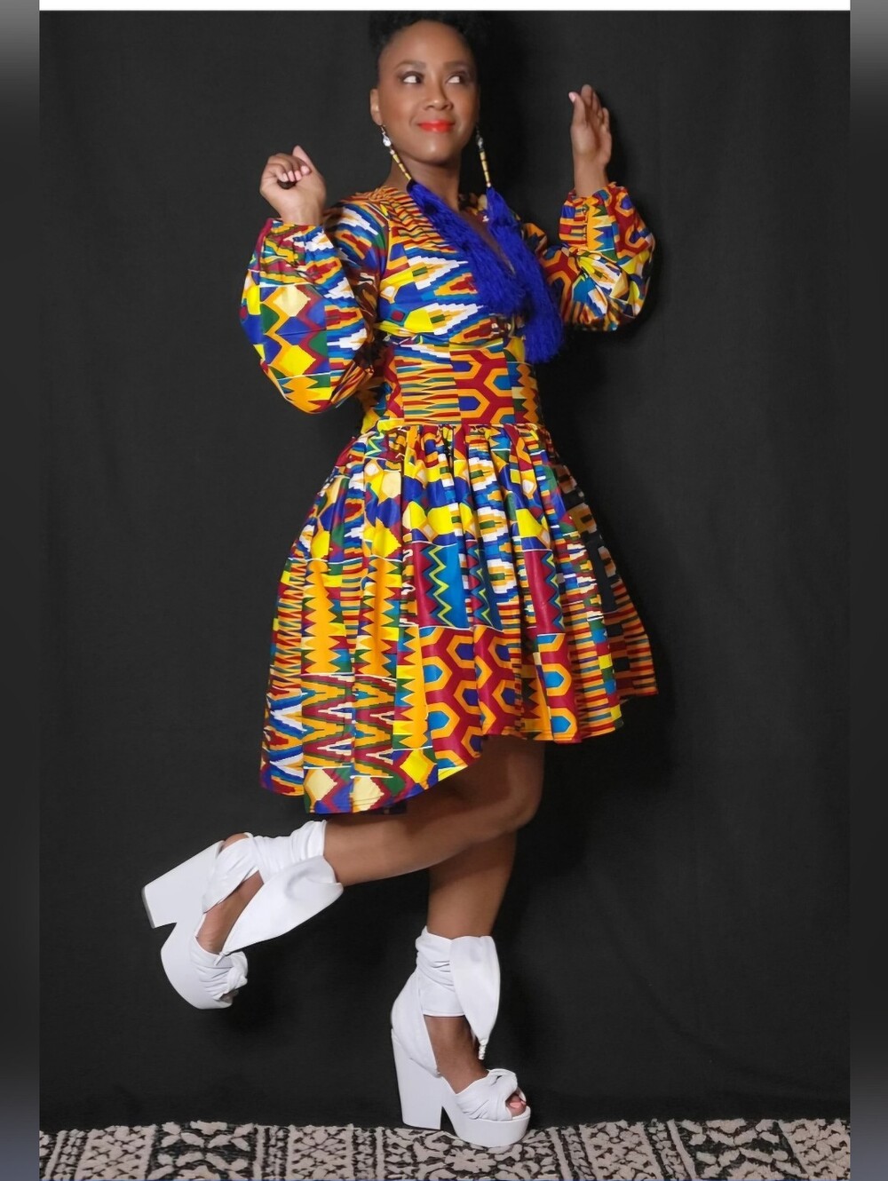 GRASS FIELDS African Print Ethnic Fit And Flare Hi-Lo Puff-Sleeve Dress US10 - Picture 2 of 6
